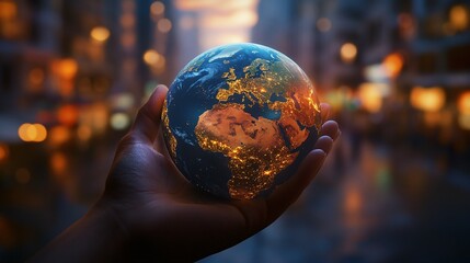 Fototapeta premium A Hand Holding a Glowing Earth Globe in a Cityscape