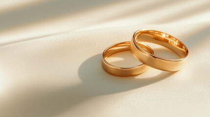 A cinematic extreme close-up of gold rings placed on a creamy background, with bright and warm colors illuminating the scene. The sharp shadows created by the lighting add depth an