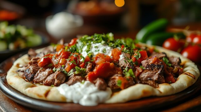 A mouthwatering platter of Turkish iskender kebab, thinly sliced lamb served over pieces of pita bread and topped with tomato sauce and yogurt, Iskender kebab platter centered