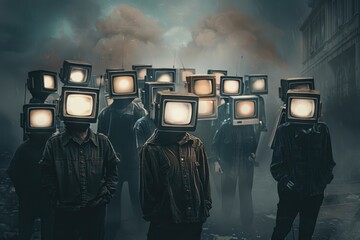 Contemporary art collage. Group of people with retro tv heads standing like zombie. Blind following, disinformation. Concept of censorship, mass media influence, information