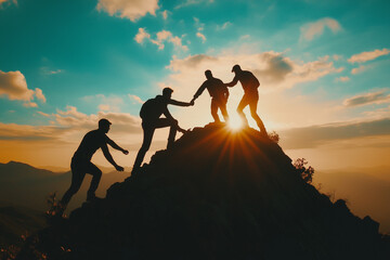 Fototapeta premium Silhouette of team helping each other reach top mountain, power and support concept