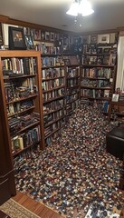 A completed jigsaw puzzle covers the floor of a room full of bookshelves.