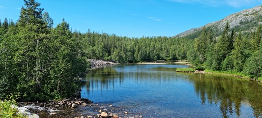 serene fresh water lake in summertime in northern Norway