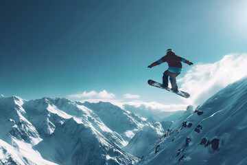 Snowboarder jumping off a snowy mountain peak with a breathtaking view of the surrounding snow-covered mountain range and clear blue sky