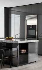 Modern kitchen with black cabinets and island.