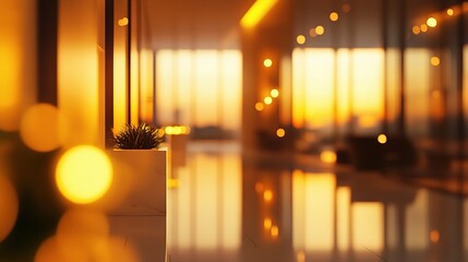 Golden Hour Lobby: Sunlit modern luxury hotel lobby interior design with warm sunset light, blurred background, bokeh effect.  Relaxing atmosphere. 