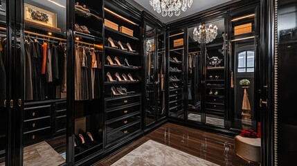 A luxurious Hollywood Regency walk-in closet with glossy black lacquered cabinetry