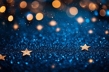 Obraz premium Magic blue holiday abstract glitter background with blinking stars and falling snowflakes. Blurred bokeh of Christmas lights