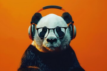 Fototapeta premium Generative AI illustration of funny panda bear in glasses and headphones looking at camera against orange background
