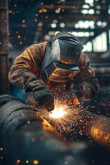 Welder in a protective mask working with sparks flying in front of industrial pipes.