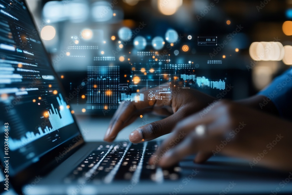 Poster close-up of hands typing on a laptop keyboard with a digital code overlay, representing technology, 