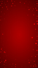 Magic falling snow christmas background. Subtle flying snow flakes and stars on christmas red background. Magic falling snow holiday scenery.   Vertical vector illustration.