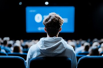 An individual seated in a hoodie watches a presentation in a large auditorium environment, with rows of people focused on the big screen in front of them.