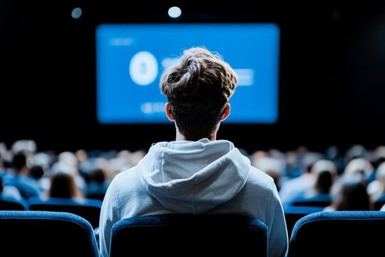 An individual seated in a hoodie watches a presentation in a large auditorium environment, with rows of people focused on the big screen in front of them.