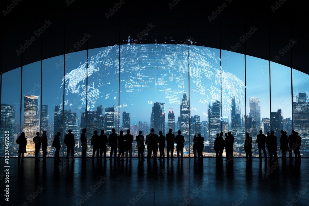 Poster individuals are silhouetted against a panoramic window displaying a digital rendering of a cityscape