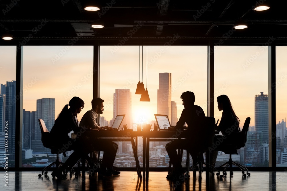 Aufkleber a group of professionals are seated around a table with laptops, engaging in a meeting in an office 