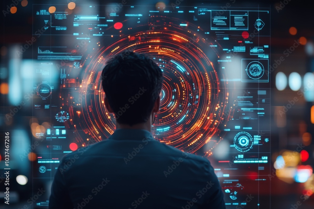 Poster a person is intently analyzing a holographic digital interface showcasing complex data and graphs, r