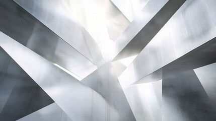 Abstract Geometric Structure: Light streams through a complex arrangement of intersecting, geometric shapes, creating a sense of depth, perspective, and architectural intrigue.  