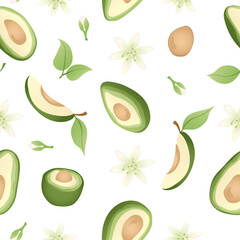 Seamless pattern with hand drawn green  avocado halves. Fresh organic vegetable, healthy, vegan, raw food.