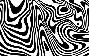 Black and white hallucination. Optical illusion. Twisted illustration. Abstract futuristic background of stripes. Dynamic wave. Vector.