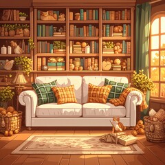Cozy Library with Sofa and Warm Autumnal Decor Elements