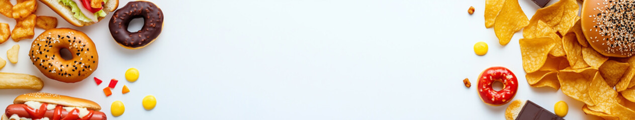 Fototapeta premium A white background with fast food items on the left and right sides, leaving space in between for text or graphics.