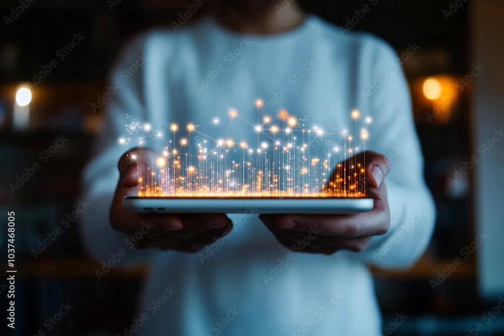 Poster a digital hologram of interconnected nodes and lines floating above a handheld device, reflecting mo