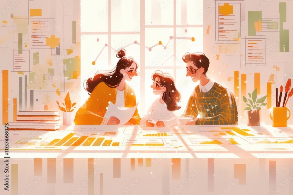 Poster creative workspace with collaborative discussion and data analysis