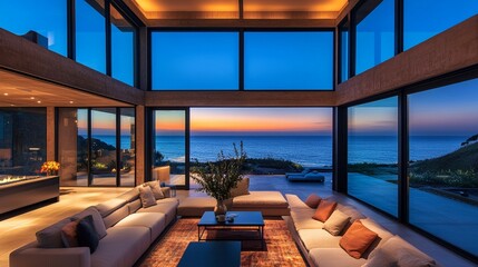 Obraz premium Contemporary living room with designer furniture, offering a panoramic view of the ocean in a luxury beach house.