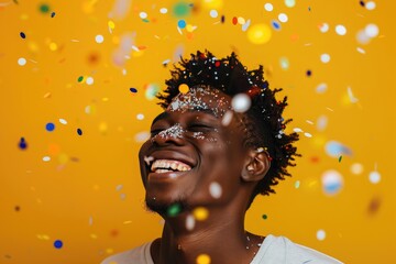Happy african american man over yellow background with confetti falling on head