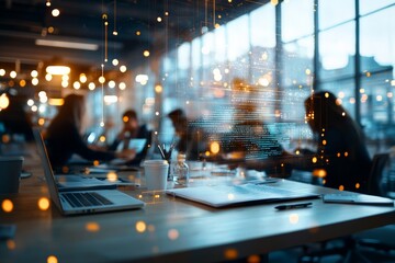 An office brimming with workspaces and digital tools, representing a dynamic and collaborative setting driven by technology and information exchange.