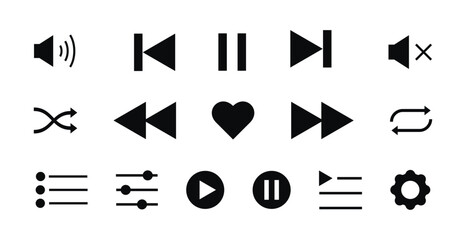 Play, pause, stop, repeat, back and next button icon flat design. Set of Media player icons. Music, interface, design media player buttons collection. Vector Illustration.