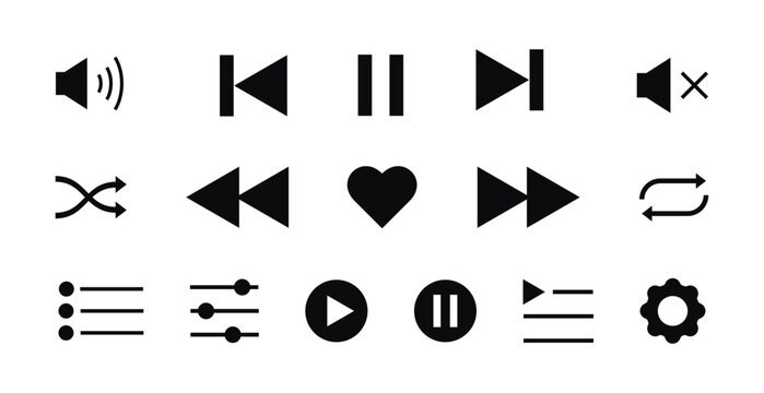 Play, pause, stop, repeat, back and next button icon flat design. Set of Media player icons. Music, interface, design media player buttons collection. Vector Illustration.