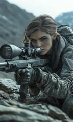 Fototapeta premium A woman in camouflage aims a rifle.