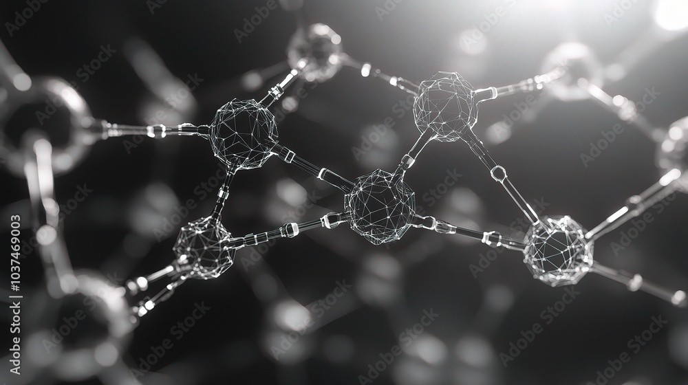 Poster molecular network: a mesmerizing abstract representation of interconnected molecules, glowing with l