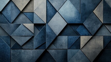 A modern wall design featuring various geometric shapes and textures in cool shades of blue and gray. This captivating piece showcases contemporary artistic flair.