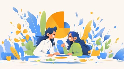 Vibrant Illustration of Two People Conversing in Nature-Inspired Setting
