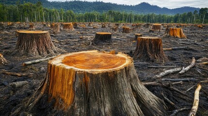 Deforested Area with Tree Stumps and Mountain Backdrop