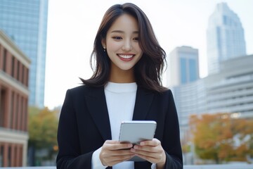 Fototapeta premium A businesswoman in a black suit stands outside, holding a smartphone and smiling warmly, set against an urban backdrop with autumn trees and skyscrapers visible.