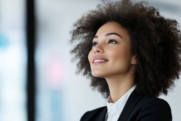 Obraz premium A professional woman with an afro hairstyle gazes upwards, embodying optimism and ambition in a sleek business setting. Her expression radiates hope and success.