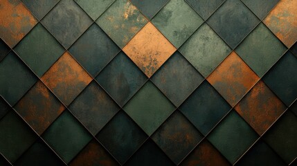 This image features a decorative wall pattern composed of green and copper-toned tiles arranged in a diamond shape. The texture adds depth to the design.
