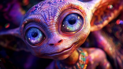 Exotic alien creature with large eyes and intricate skin details in a colorful environment
