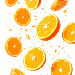 floated slices of orange falling isolated on a white background