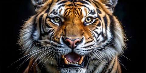 Fototapeta premium A close-up of a fierce tiger showcasing its striking fur pattern in a dark forest environment during twilight hours. Generative AI