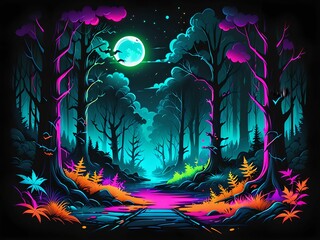 Fototapeta premium Eerie Haunted Forest: Ghostly, Mysterious, Chilling & Captivating Neon Glow T-Shirt Design