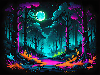 Fototapeta premium Eerie Haunted Forest: Ghostly, Mysterious, Chilling & Captivating Neon Glow T-Shirt Design