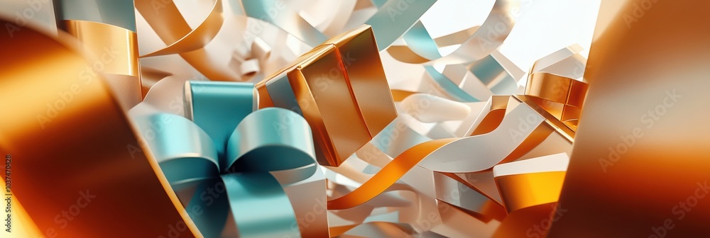 Poster this artwork features playful shapes that evoke gift boxes and ribbons, creating a vibrant and festi