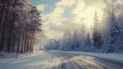 Obraz premium Snowy Forest Road