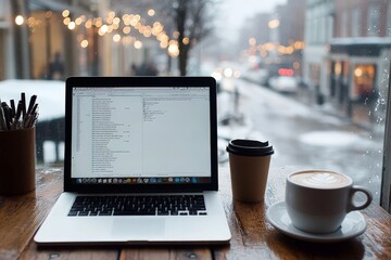 A laptop displaying a text editor sits on a café table beside a coffee cup, capturing a moment of productivity and modern digital work in an urban setting.