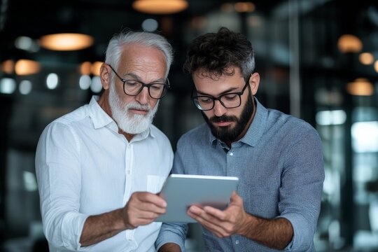 An older and a younger businessman collaborate over a digital tablet in an office, showcasing generational teamwork and modern technology usage.